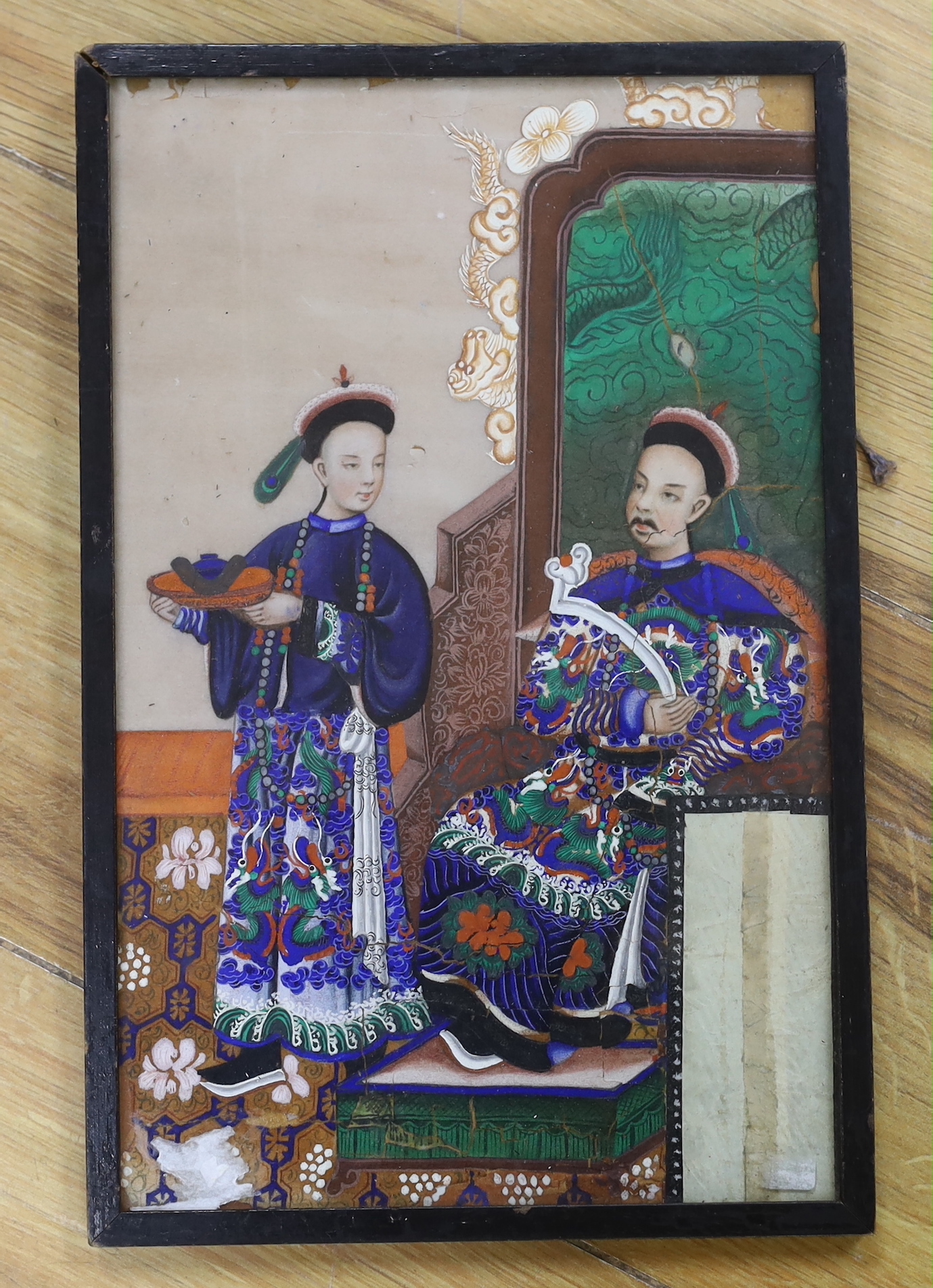 Chinese School, gouache on pith paper, Noble and attendant, 25 x 16cm
